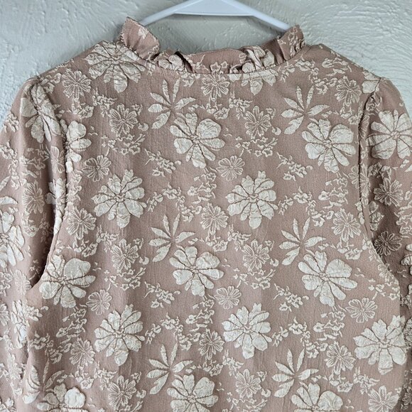 Entro VIctorian Blouse Sz Small Tan Floral Embroidred Boho Oversized Peplum Top - Picture 7 of 13
